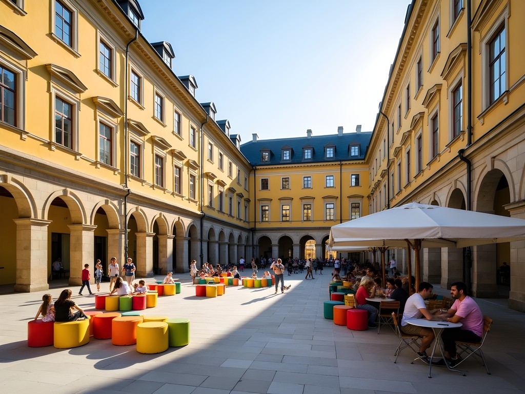 Families relaxing in Vienna's MuseumsQuartier courtyard with children playing among modern art installations