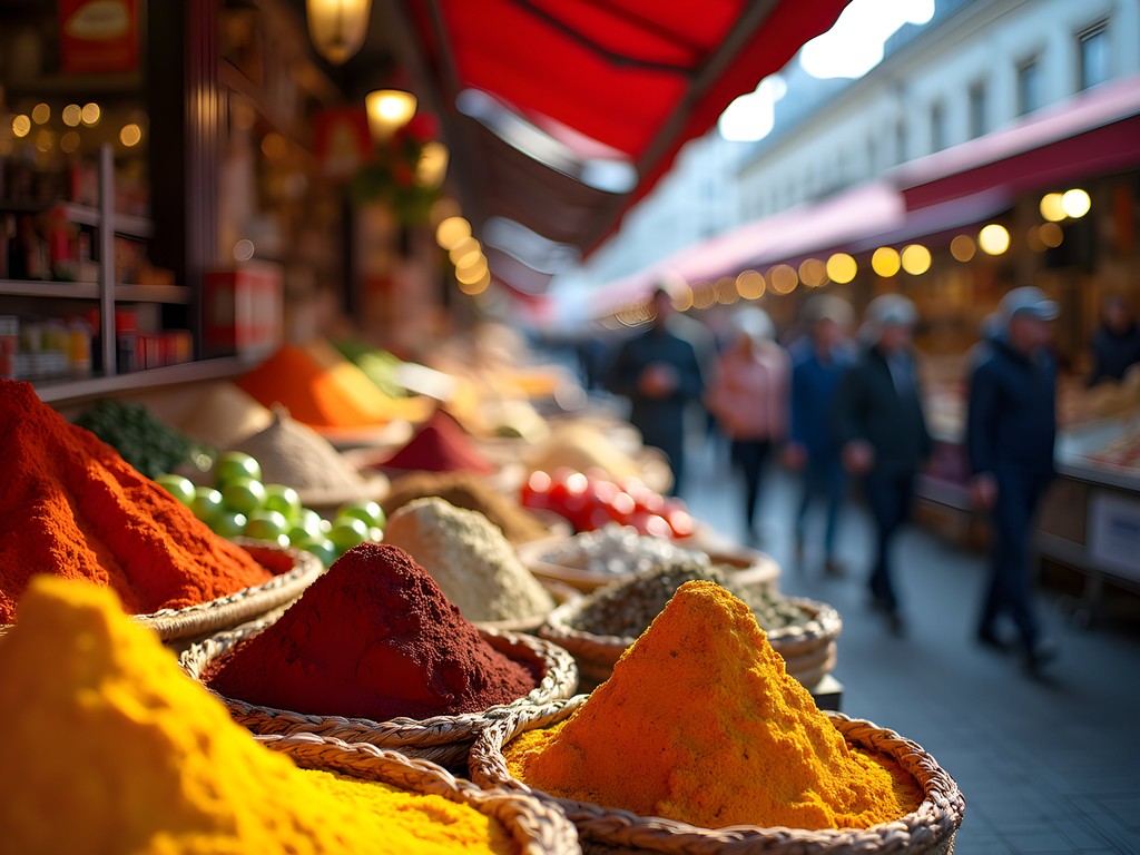 Families exploring colorful food stalls at Vienna's Naschmarkt with vendors offering samples