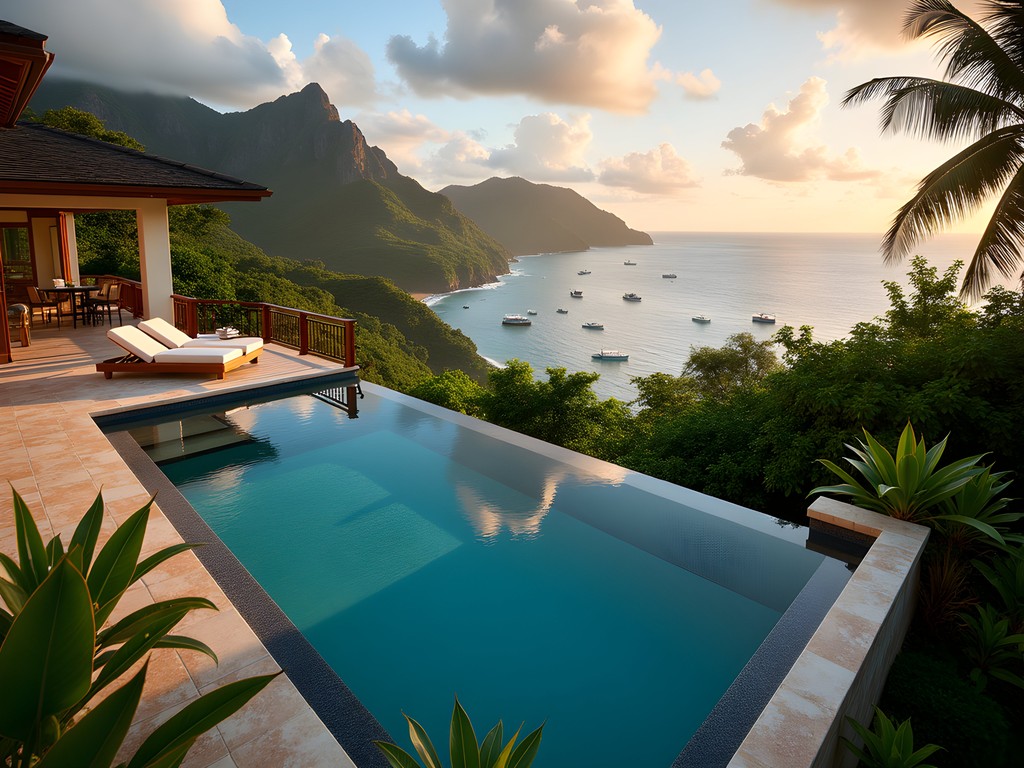 Panoramic view from a hillside villa in Vieux Fort showing the meeting of Caribbean Sea and Atlantic Ocean