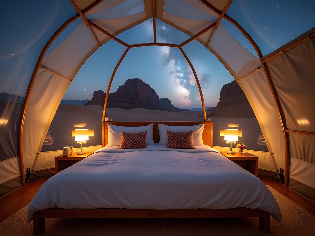 Interior of luxury bubble tent in Wadi Rum with king bed and starry night sky view