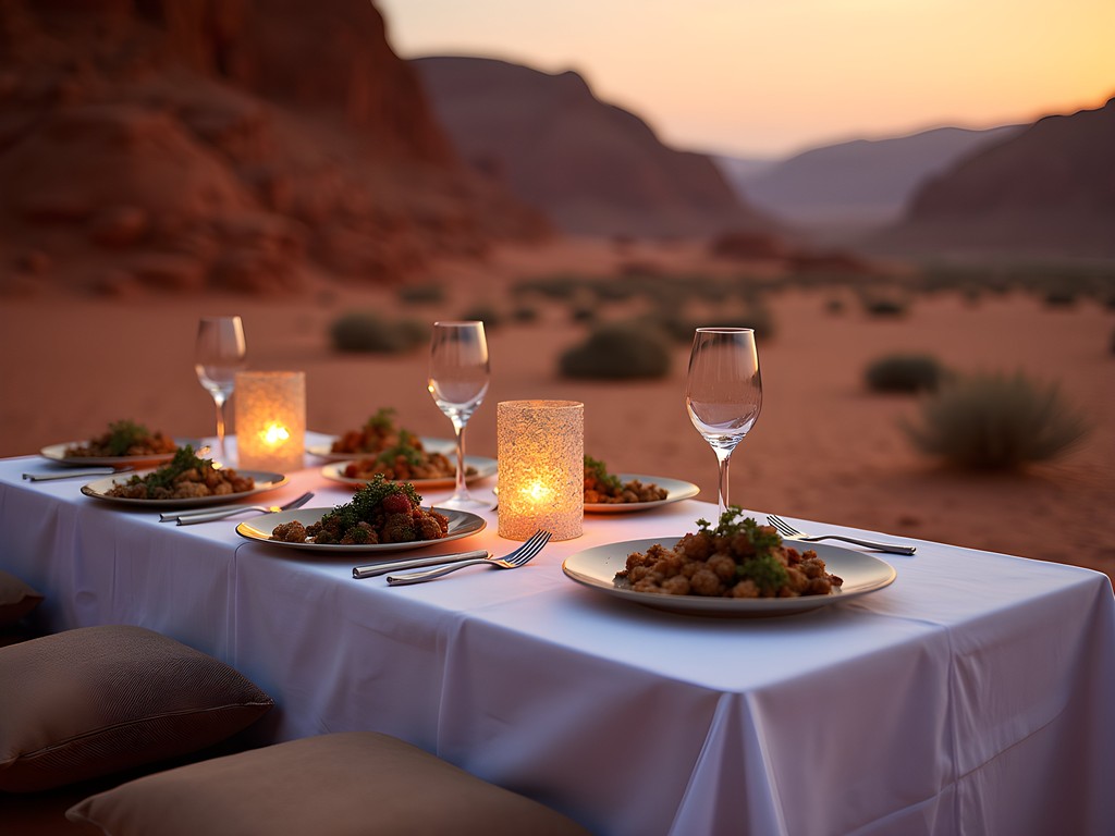 Private dining setup outside bubble tent with traditional Bedouin meal and desert views