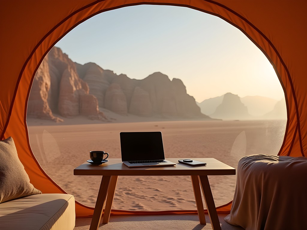 Remote work setup inside a luxury bubble tent with desert views in Wadi Rum