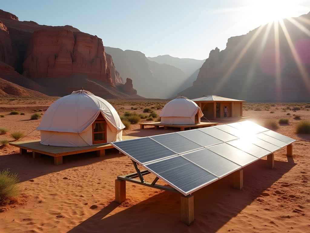 Solar panel array powering luxury bubble tents at eco-conscious desert camp in Wadi Rum