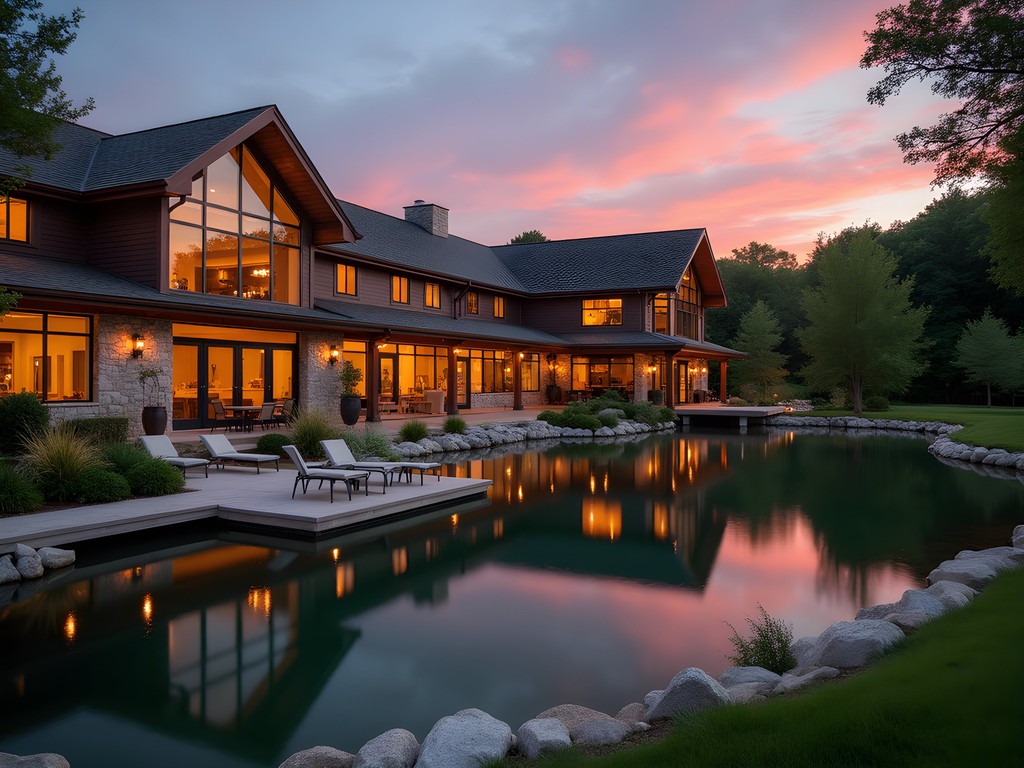 Sunset view of The Ingleside Hotel's lakefront area in Waukesha, Wisconsin