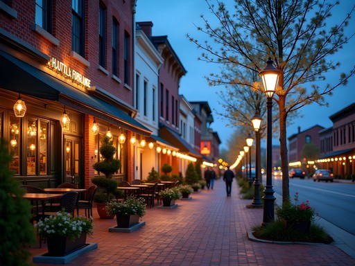 Evening view of downtown Waukesha with historic buildings and street lights