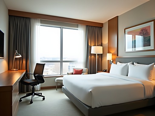 Contemporary guest room at Ambassador Hotel Wichita with standing desk and modern amenities