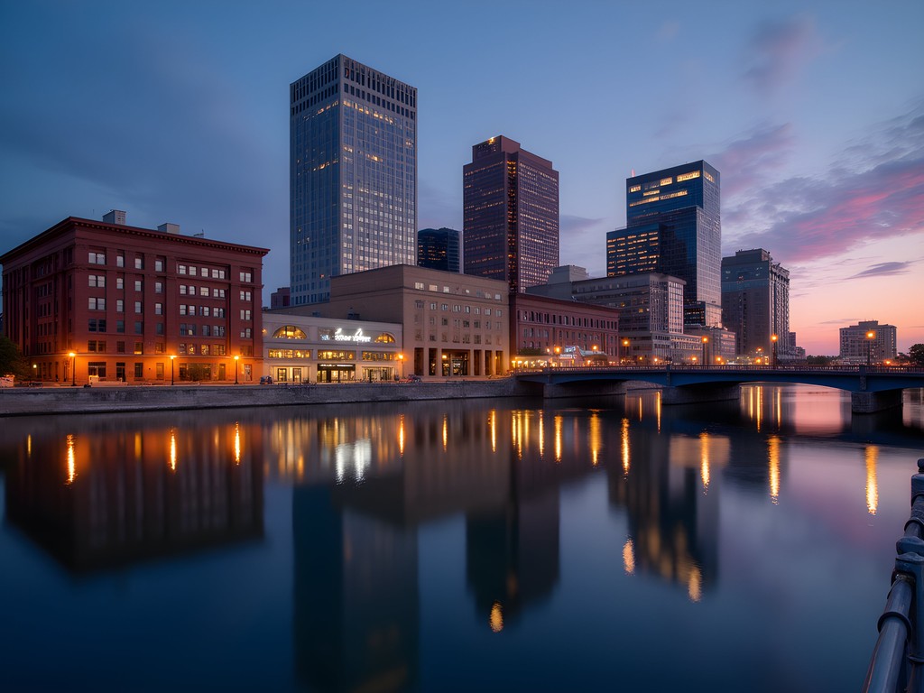 Wichita downtown skyline reflected in Arkansas River at dusk with historic buildings
