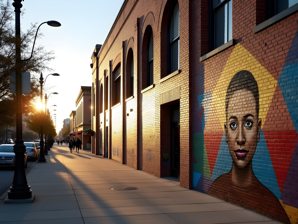 Colorful street art murals in Wichita's Old Town district at golden hour
