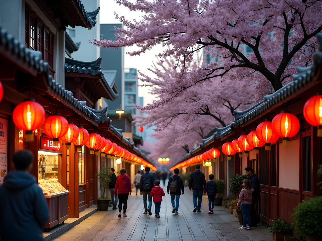 Yokohama Chinatown lantern-lit street with cherry blossoms