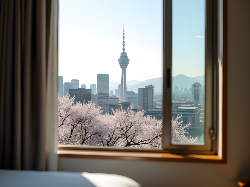 View from budget hotel window in Sakuragicho showing Yokohama skyline
