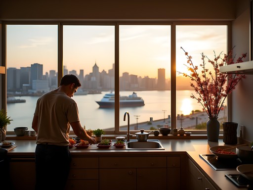 Family preparing meal in serviced apartment kitchen with Yokohama harbor view