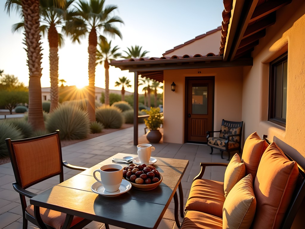 Charming casita accommodation at Martha's Gardens Date Farm in Yuma at sunrise