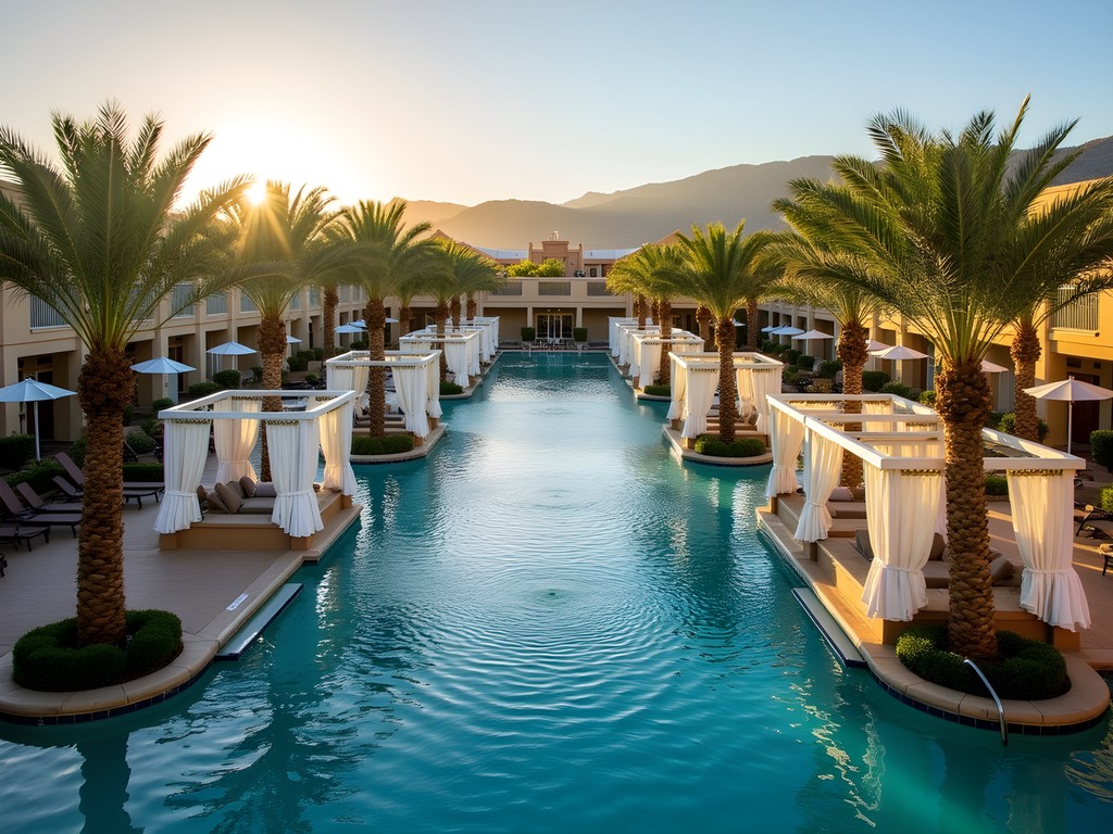 Luxurious resort pool with palm trees and mountain views in Yuma area