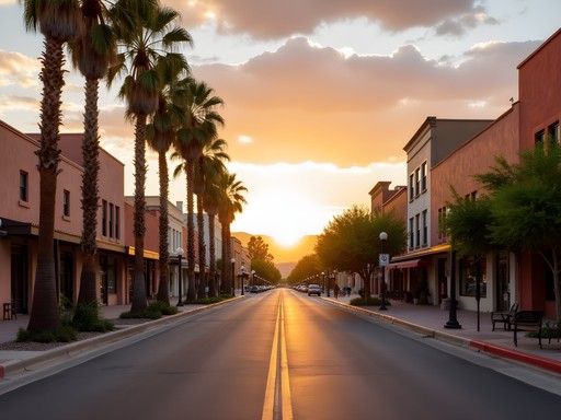 Yuma's historic downtown district at sunset with adobe buildings and palm trees