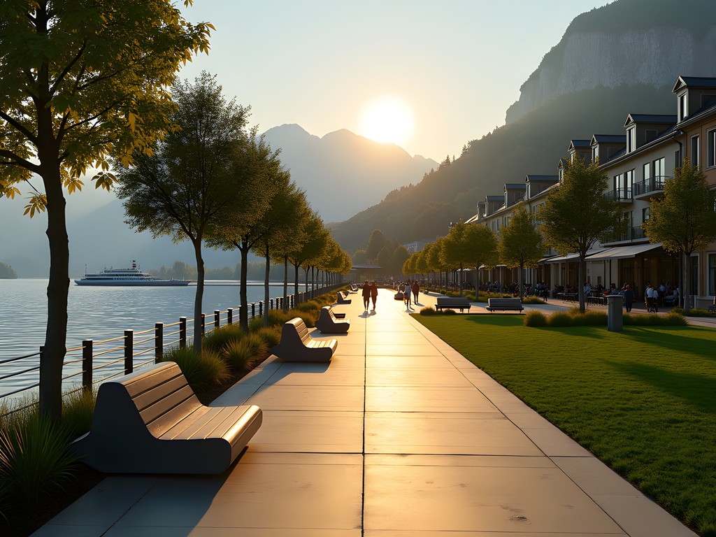 Seefeld district lakefront promenade along Lake Zurich with Alps in background