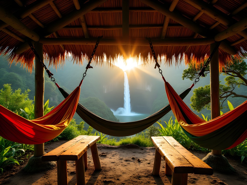 Jungle hammock camp with view of Angel Falls in distance
