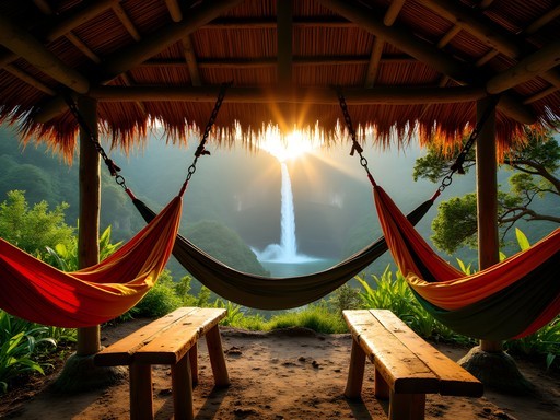 Jungle hammock camp with view of Angel Falls in distance