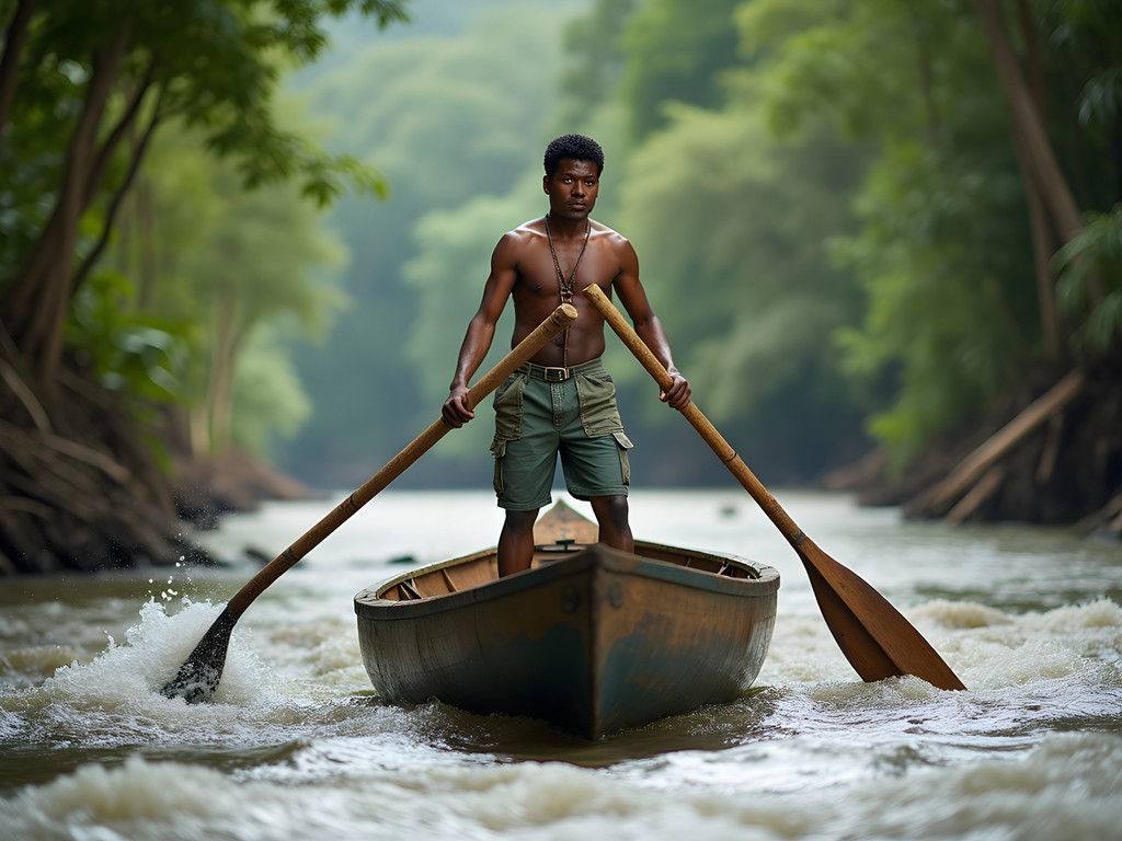 Pemón guide navigating traditional dugout canoe through rapids