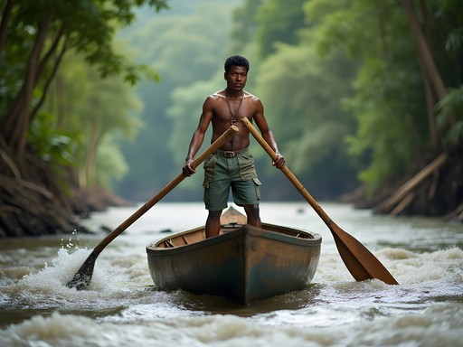 Pemón guide navigating traditional dugout canoe through rapids