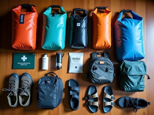 Waterproof dry bags and essential gear packed for curiara river journey