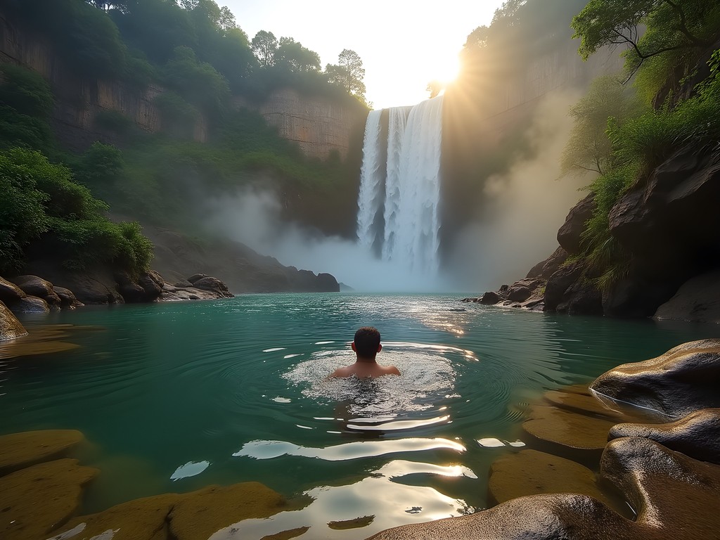 Person swimming in natural pool at the base of Angel Falls