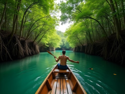 Traditional outrigger canoe navigating through lush mangrove channels in Airai, Palau
