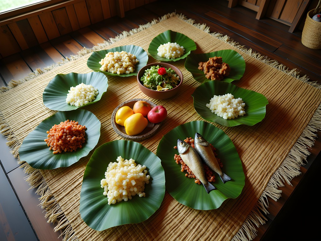 Traditional Palauan feast with local dishes served on banana leaves in Airai village