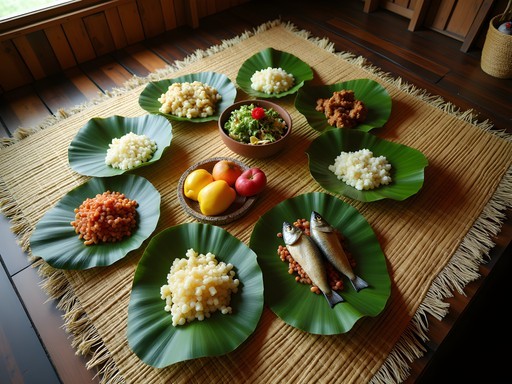 Traditional Palauan feast with local dishes served on banana leaves in Airai village