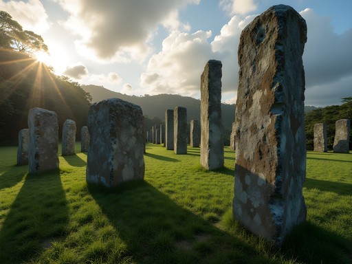 Ancient stone monoliths at Badrulchau archaeological site in northern Babeldaob, Palau