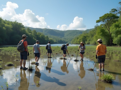 Local conservation volunteers planting mangrove seedlings in Airai Bay, Palau