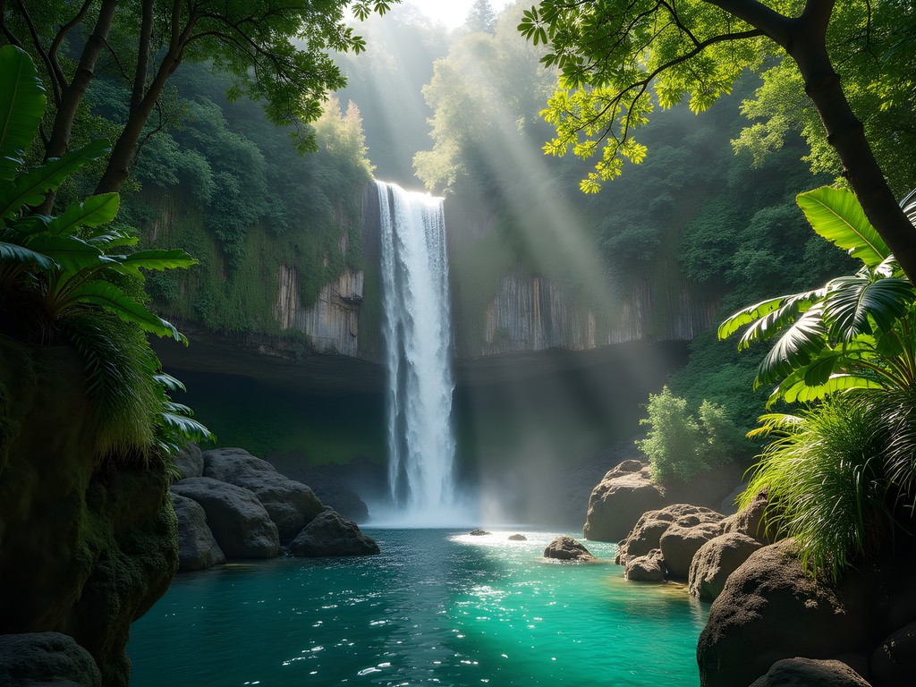 Tabecheding Waterfall cascading through lush jungle vegetation in Airai, Palau