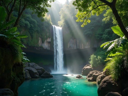 Tabecheding Waterfall cascading through lush jungle vegetation in Airai, Palau