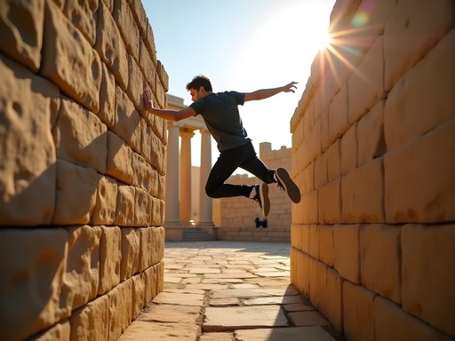 Person navigating ancient ruins and colonial architecture in Alexandria through parkour movements