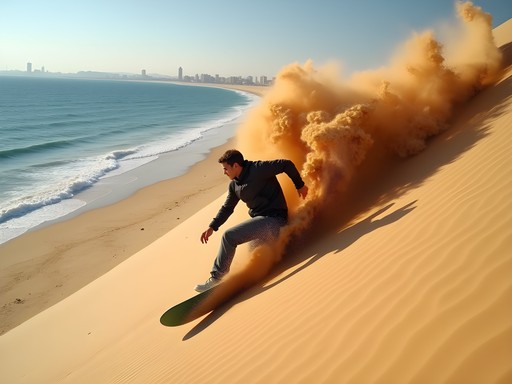 Sandboarder descending a massive dune near Alexandria with Mediterranean visible in distance
