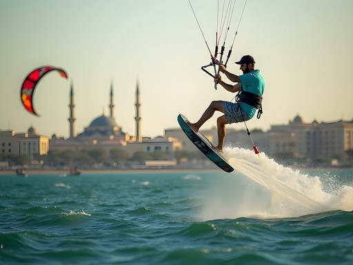Kitesurfer catching air against the backdrop of Alexandria's coastal landmarks