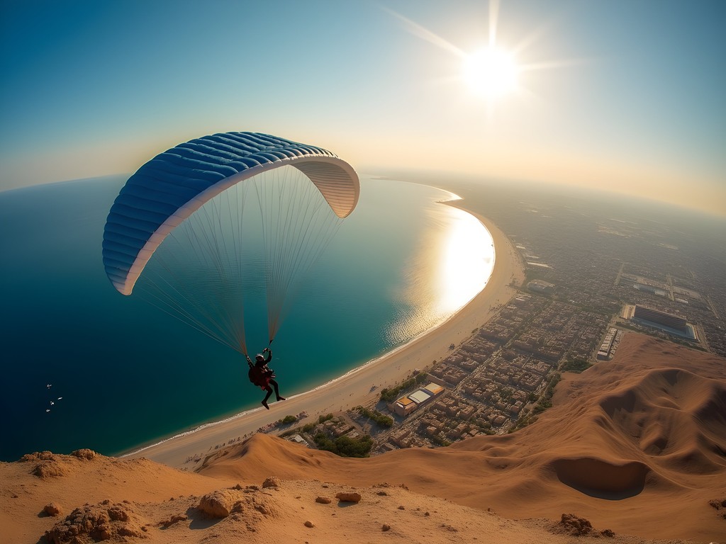Paraglider soaring above Alexandria's Mediterranean coastline with ancient ruins visible below