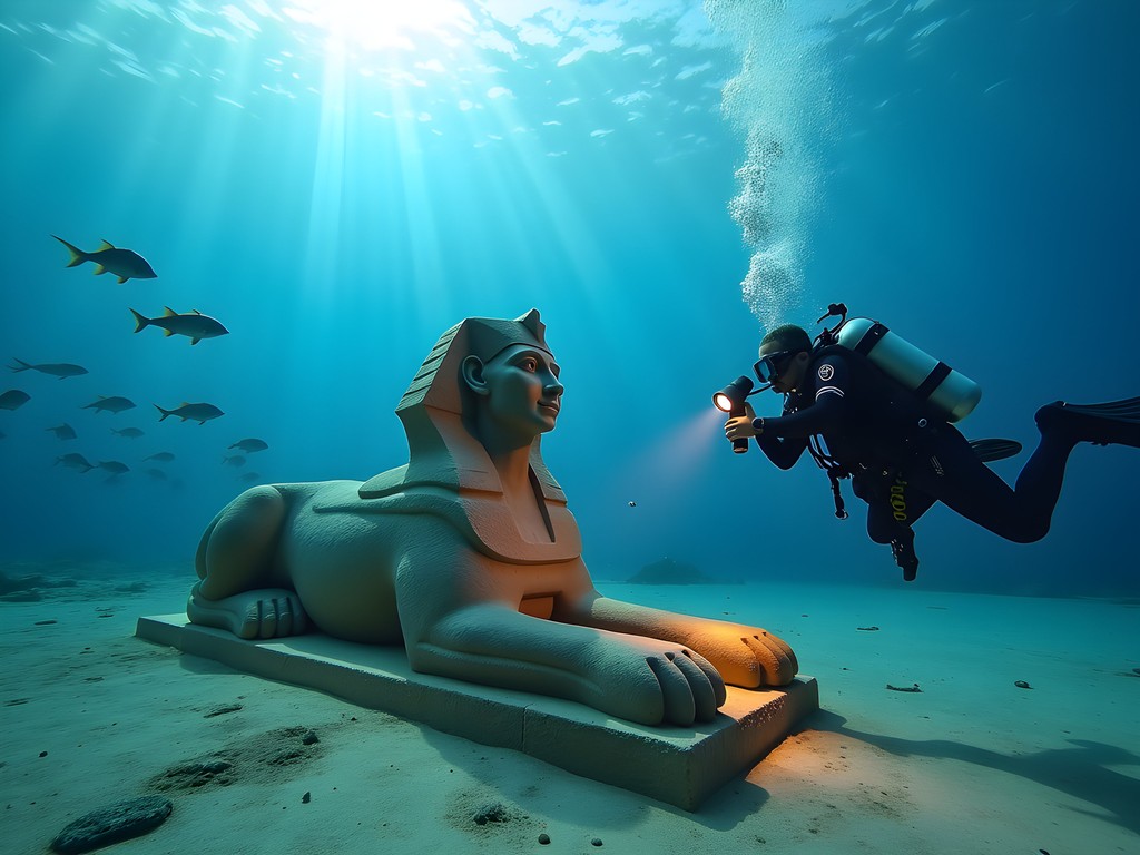 Diver exploring ancient submerged artifacts in Alexandria's Eastern Harbor