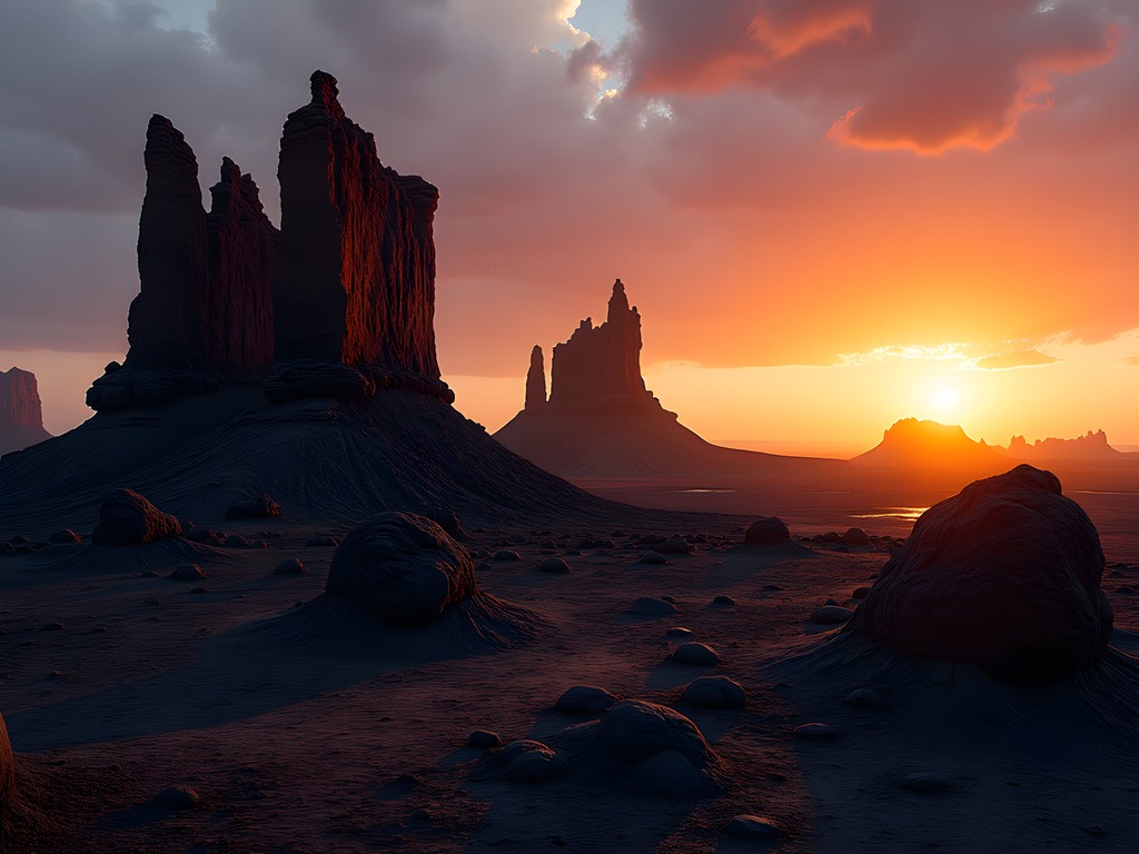 Dramatic volcanic rock formations in Ali Sabieh region of Djibouti at sunrise