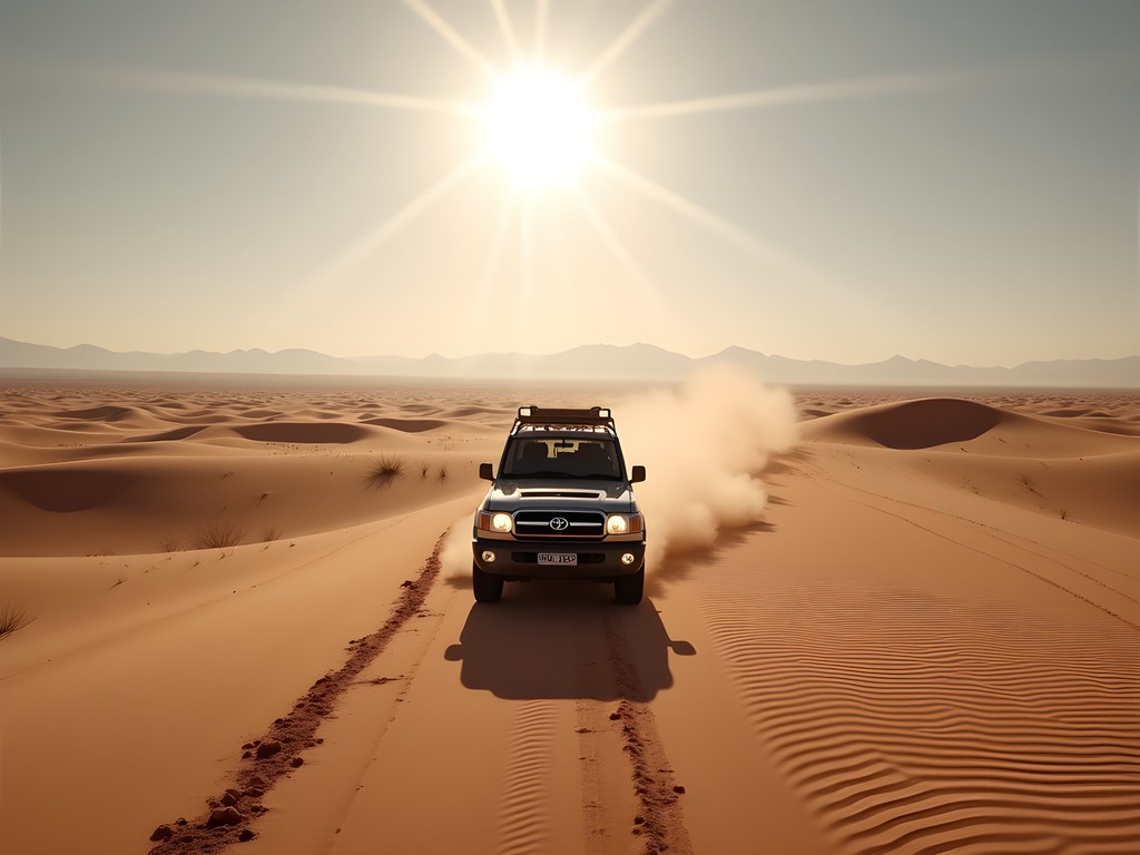 4x4 vehicle traversing the vast Grand Barra desert plain in Djibouti