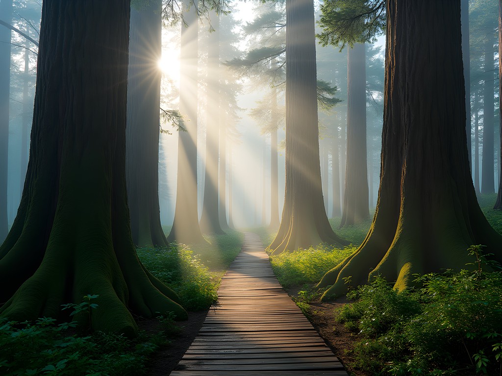 Ancient cypress trees in misty forest of Alishan National Forest Recreation Area