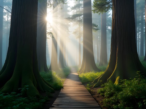 Ancient cypress trees in misty forest of Alishan National Forest Recreation Area