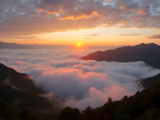 Panoramic view of Alishan's sea of clouds at sunrise with mountain peaks emerging