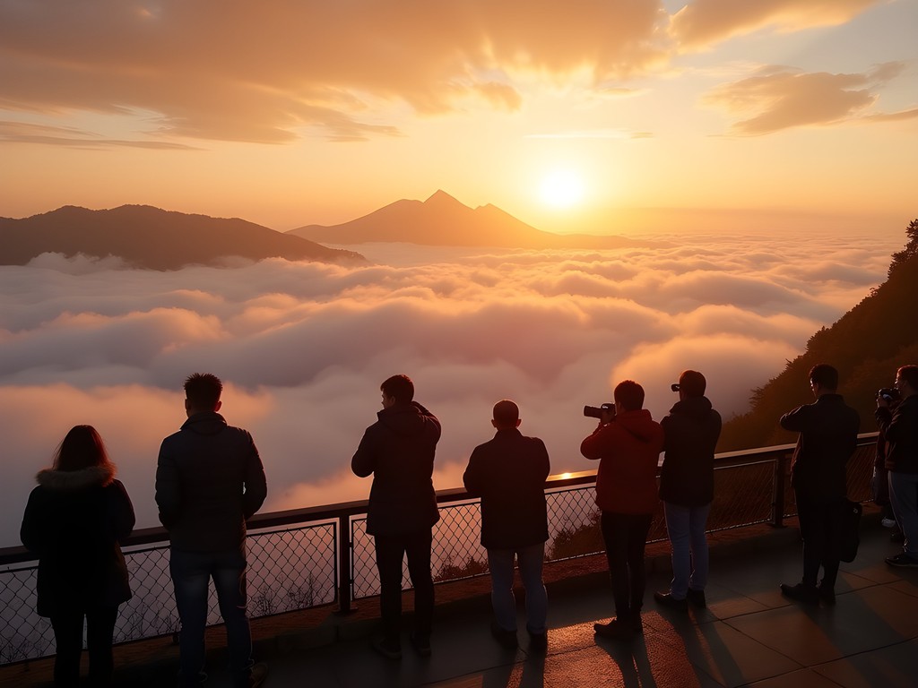 Visitors at Zhushan Viewing Platform witnessing Alishan sunrise over sea of clouds