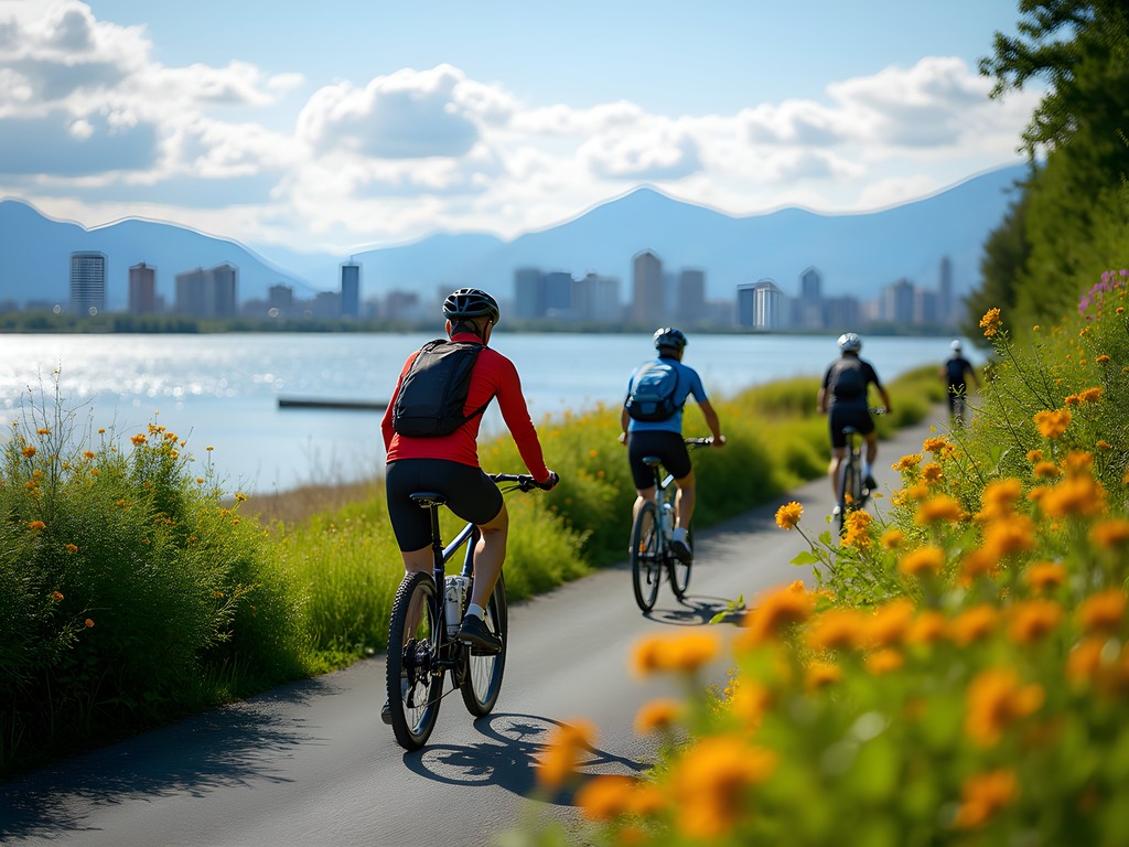 Group biking on Tony Knowles Coastal Trail with Anchorage skyline and Cook Inlet views