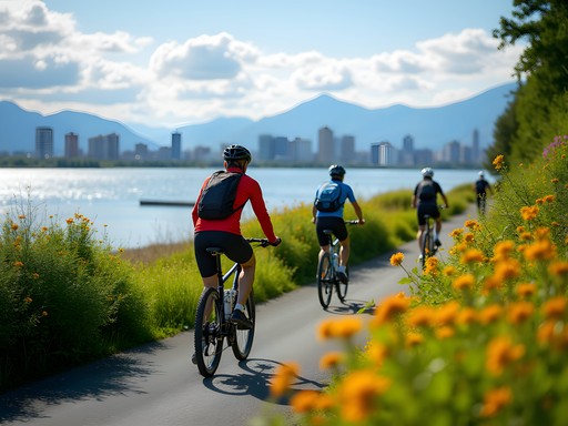 Group biking on Tony Knowles Coastal Trail with Anchorage skyline and Cook Inlet views