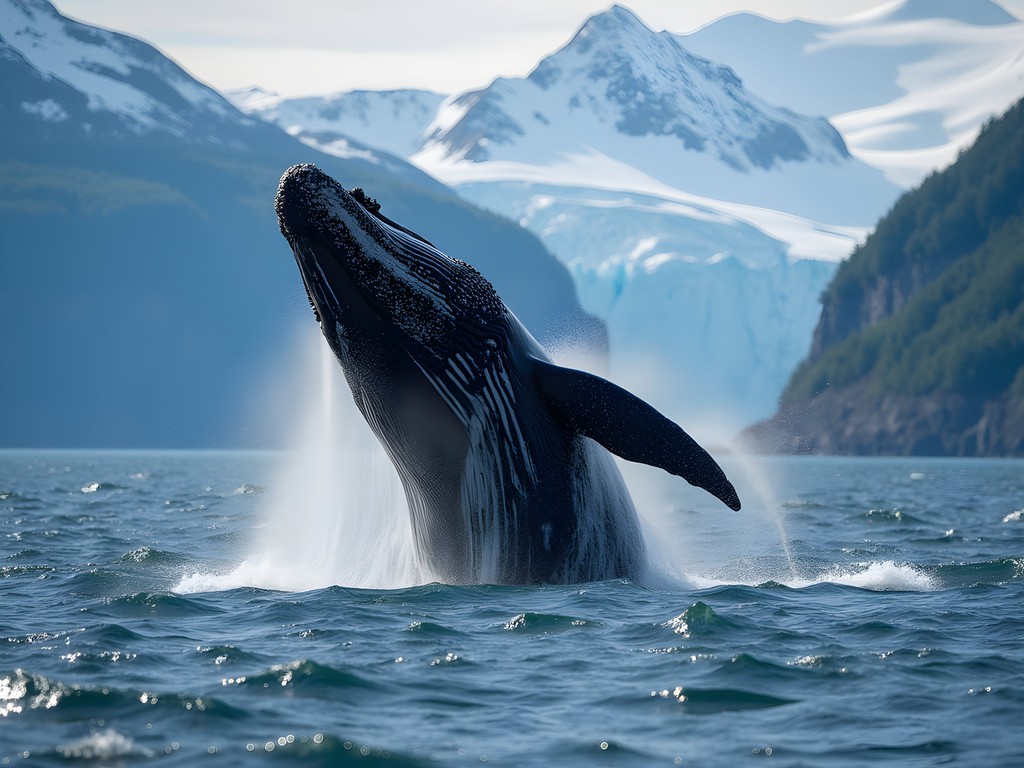 Humpback whale breaching with snow-capped mountains of Kenai Fjords National Park in background