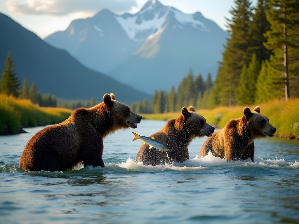 Coastal brown bears fishing for salmon in pristine river with mountains in background at Lake Clark National Park