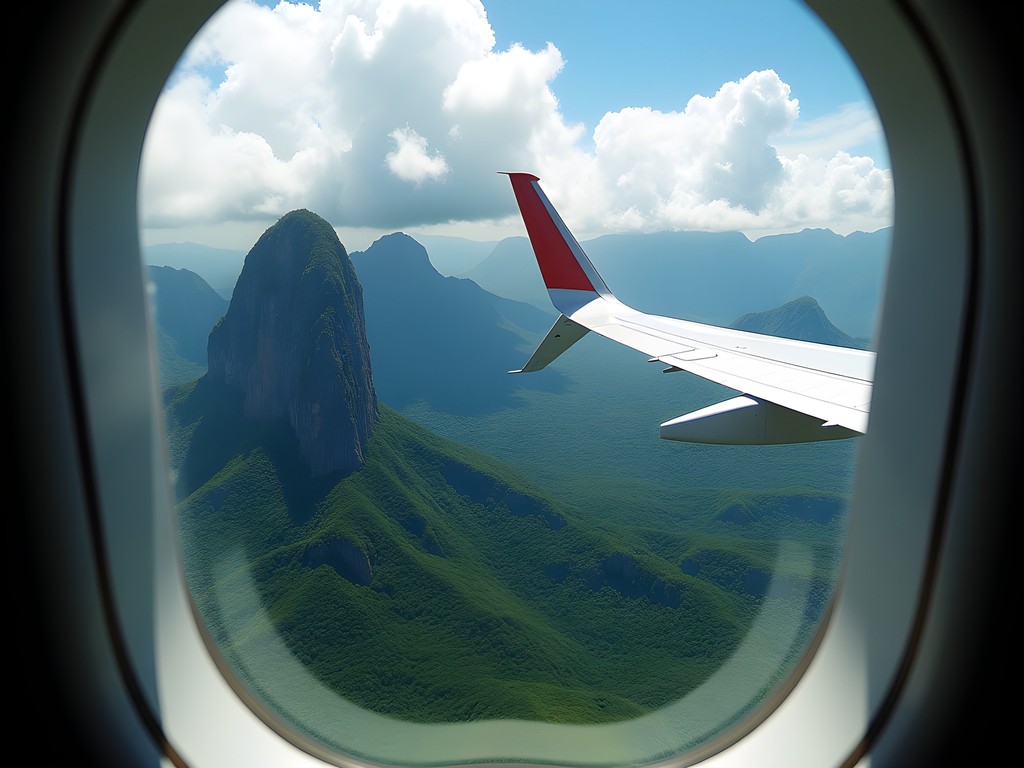 Small airplane approaching Canaima National Park with view of tepuis and jungle below