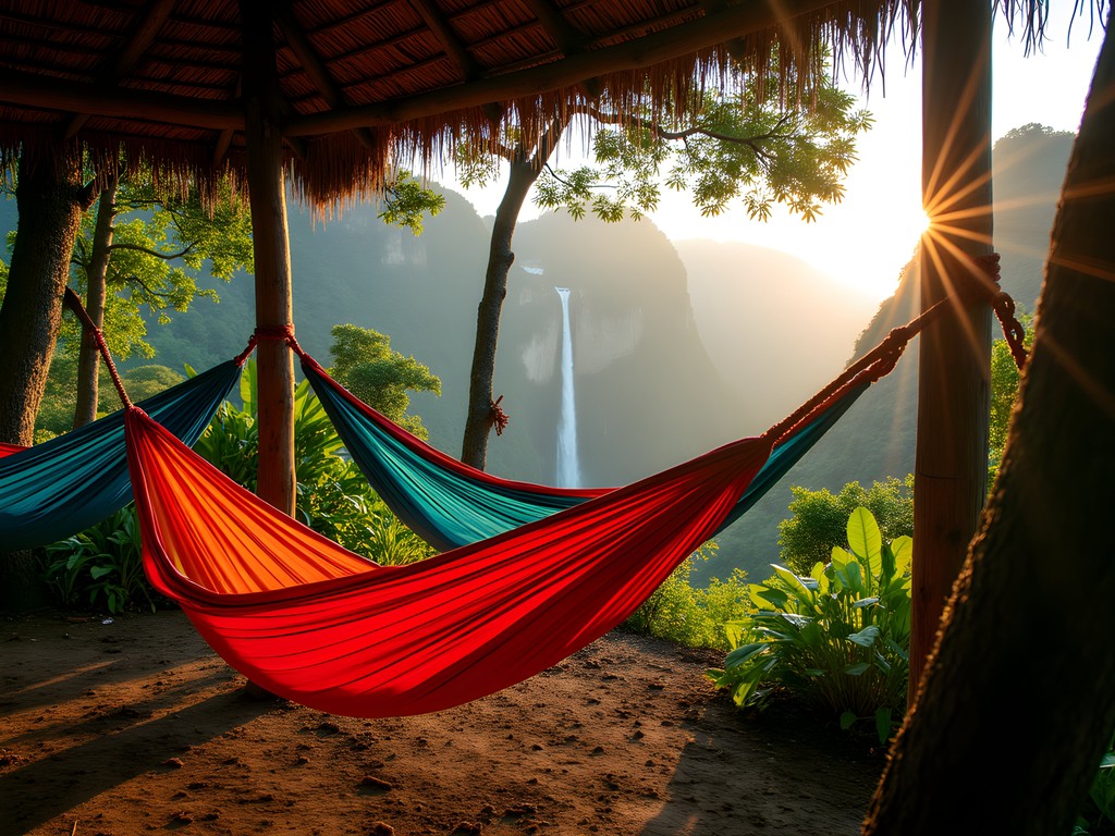 Overnight camp near Angel Falls with hammocks strung between trees and tepuis in background