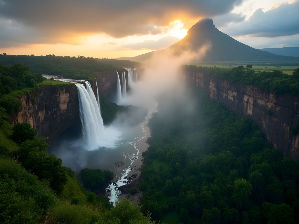 Panoramic view of Angel Falls from Laime Lookout with misty jungle foreground